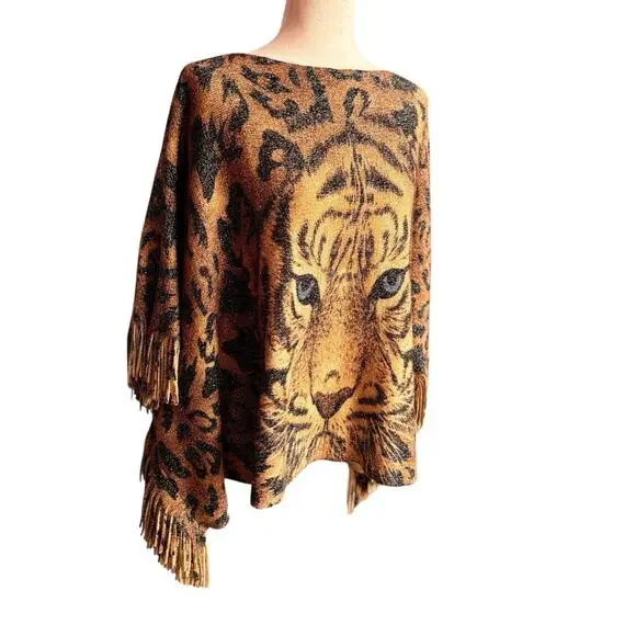 Women's Winter Tiger Print Shawl Poncho Shoulder Scarf Brown Shades One Size - Picture 4 of 6